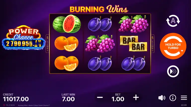 Burning Wins Power Chance base game at spin 845 - 3x3 fruit grid, BET 1.00, Power Chance panel on the left