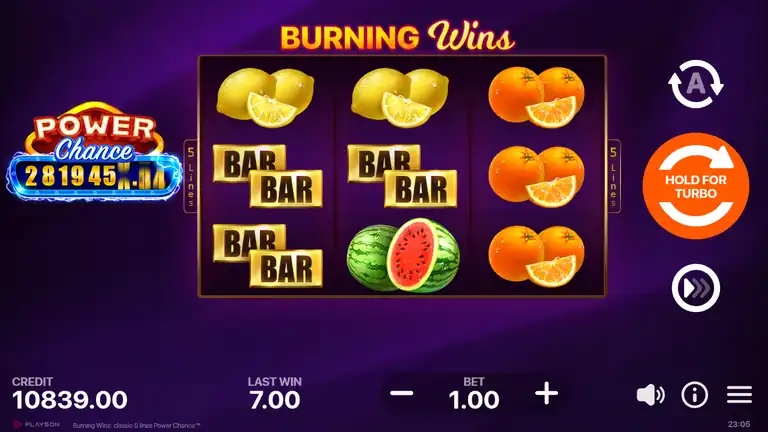 Burning Wins Power Chance spin 1695 - classic fruit symbols on 3x3 grid, BET 1.00, CREDIT 10,839 at session end