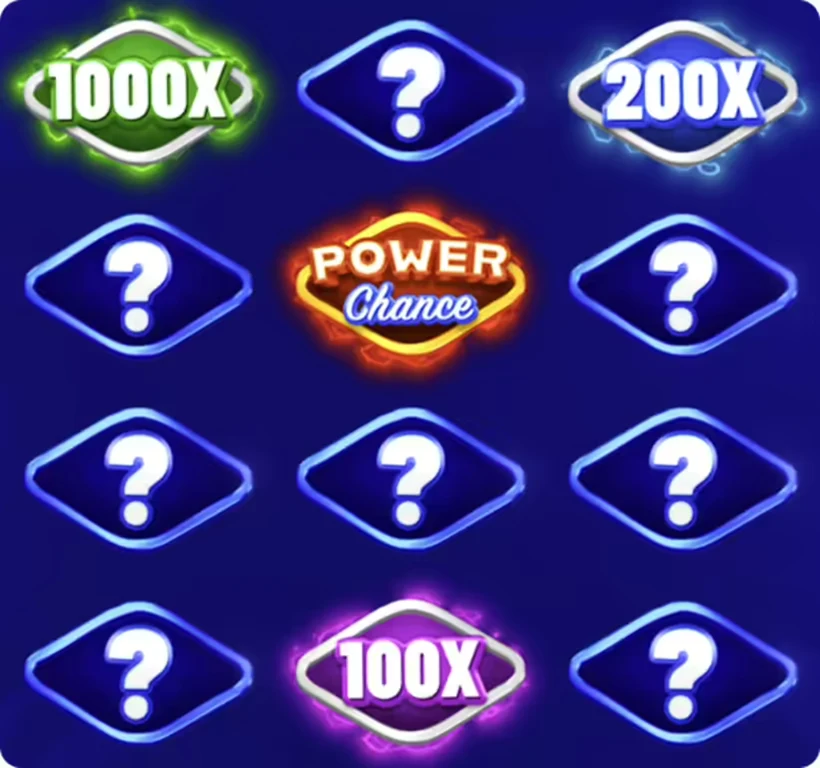 Power Chance pick round from the in-game rules - a 12-object grid with 1000X, 200X and 100X revealed